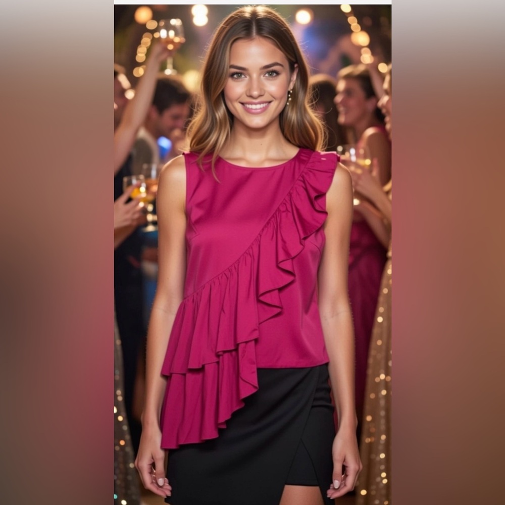 New WHY DRESS Pink 100% Cotton Sleeveless Asymmetrical Ruffle Blouse Top